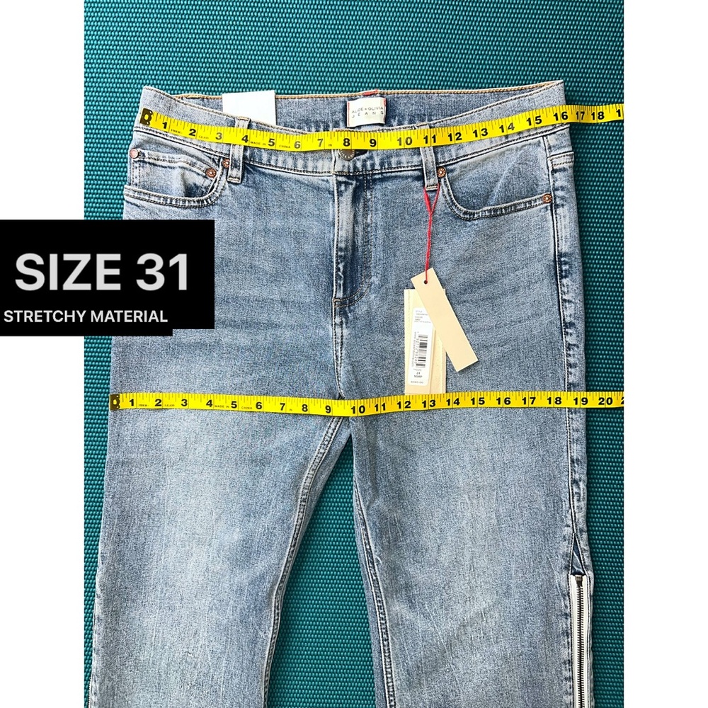 Alice + Olivia Rey Side Zipper Blue Off White Wide Leg Jeans - Picture 13 of 16